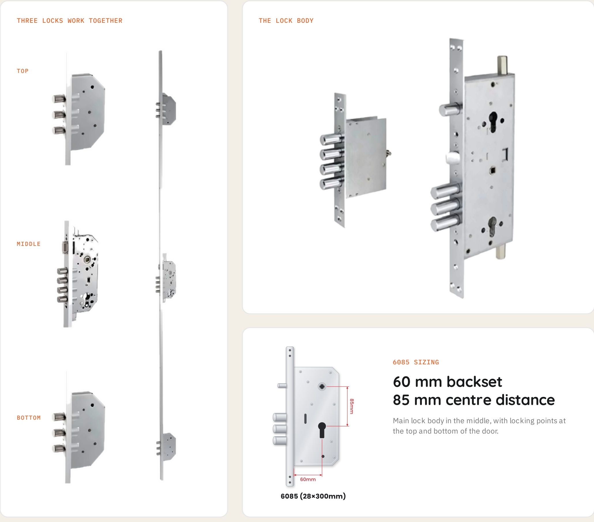 Spark TL-250: 6085 three-point lock-body and sizing diagram from the supplied brochure