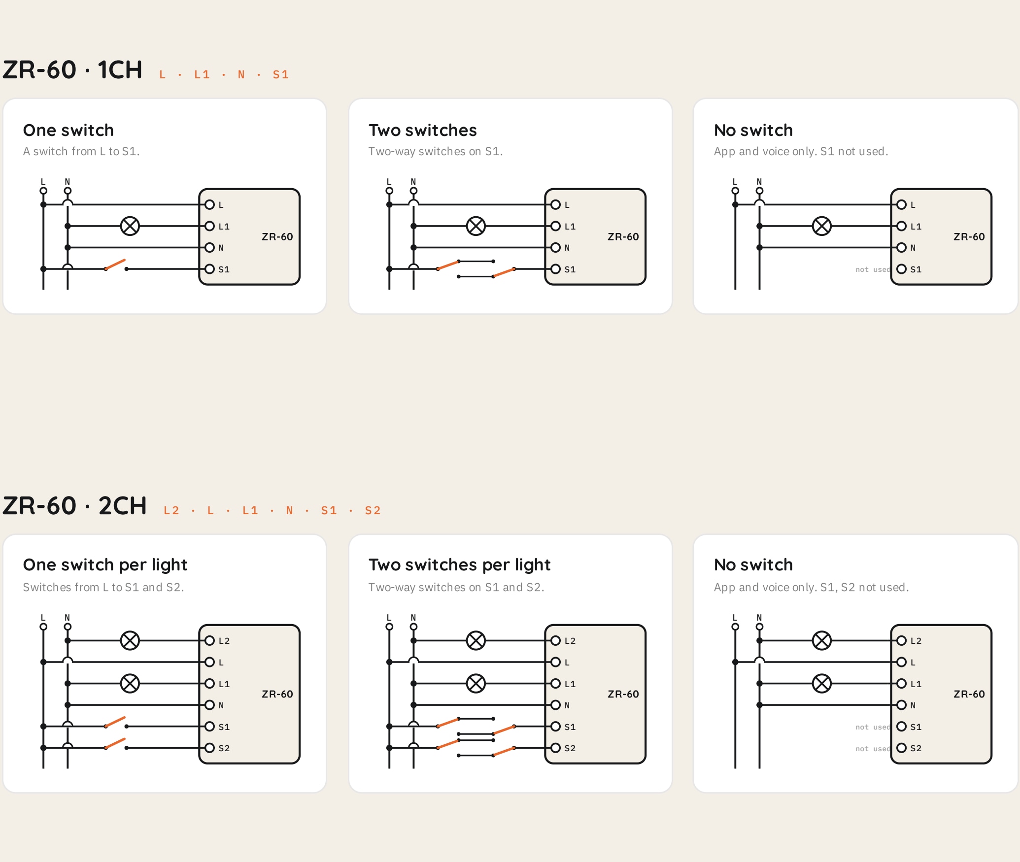 Spark ZR-60 Dimmer: wiring arrangements from the original brochure