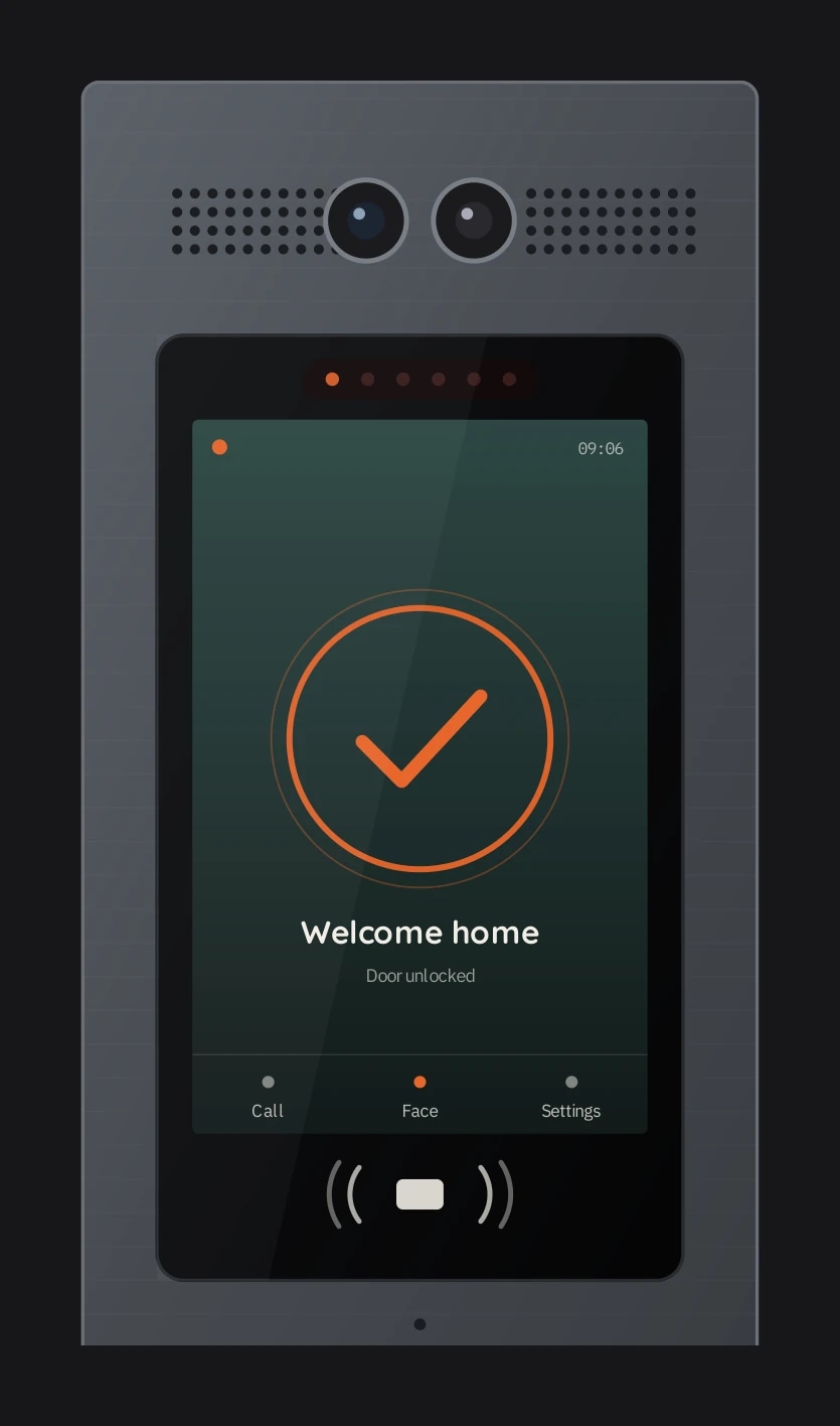The I-400 screen after a face match: an ember check mark with the words Welcome home, door unlocked