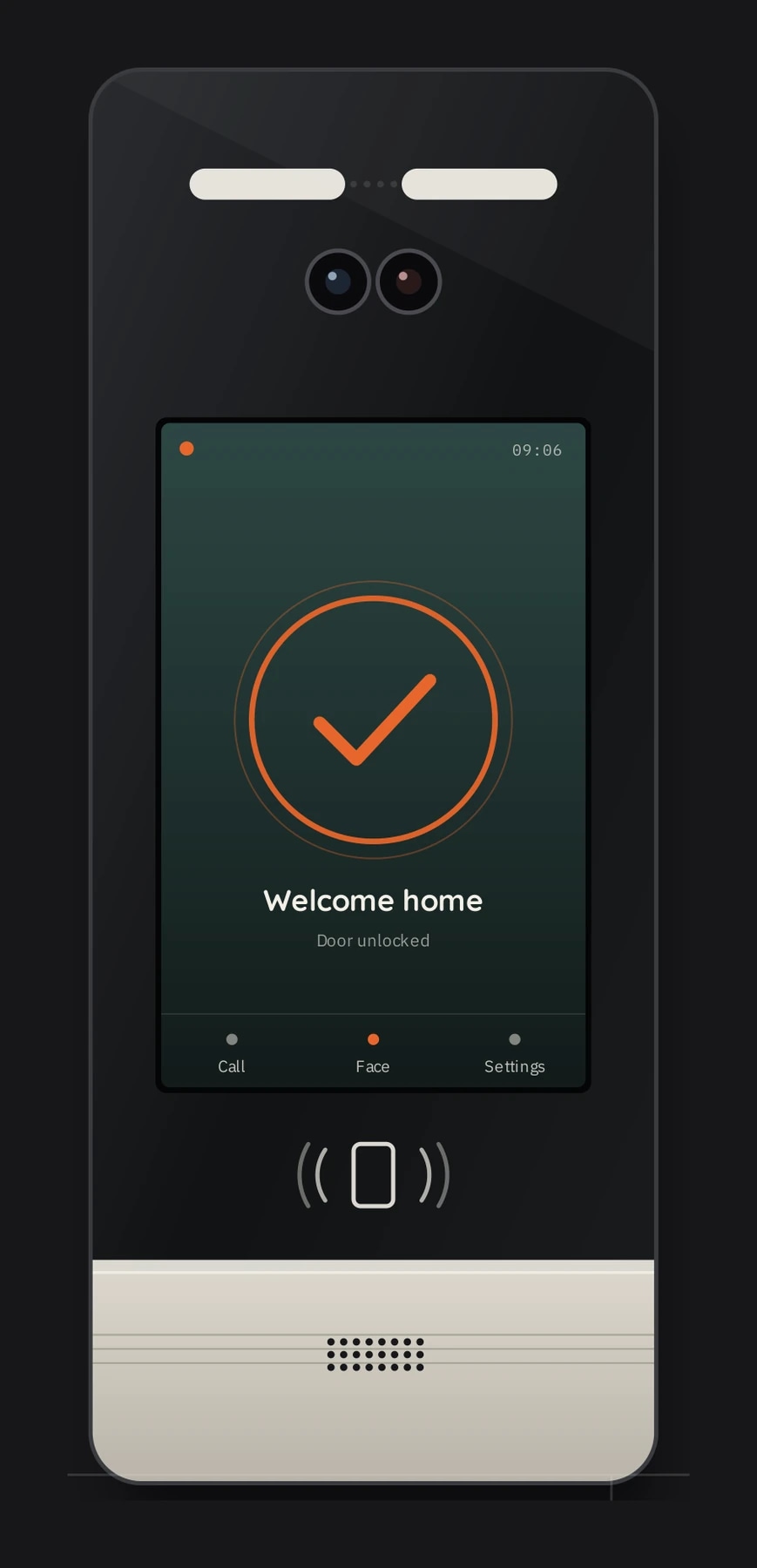 The I-500 screen after a face match: an ember check mark with the words Welcome home, door unlocked