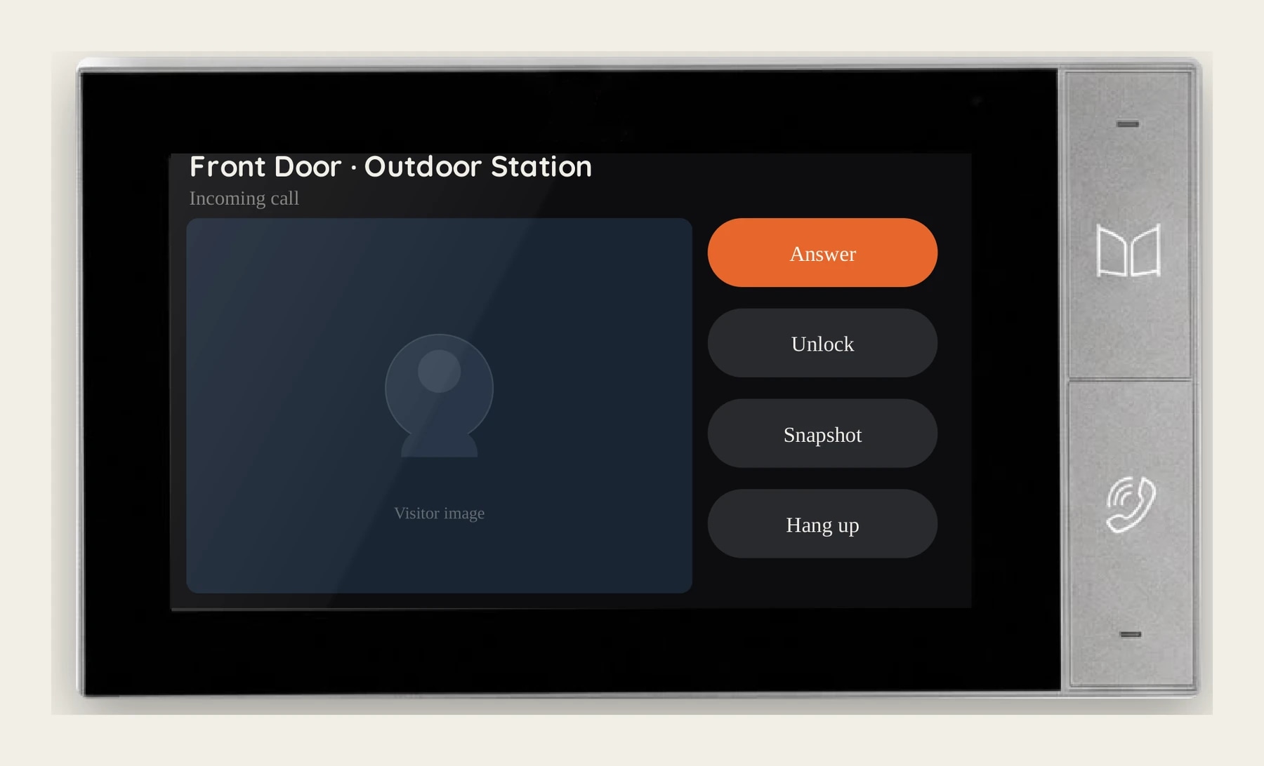 The S-303 indoor monitor during a call from the front door outdoor station, with Answer, Unlock, Snapshot and Hang up