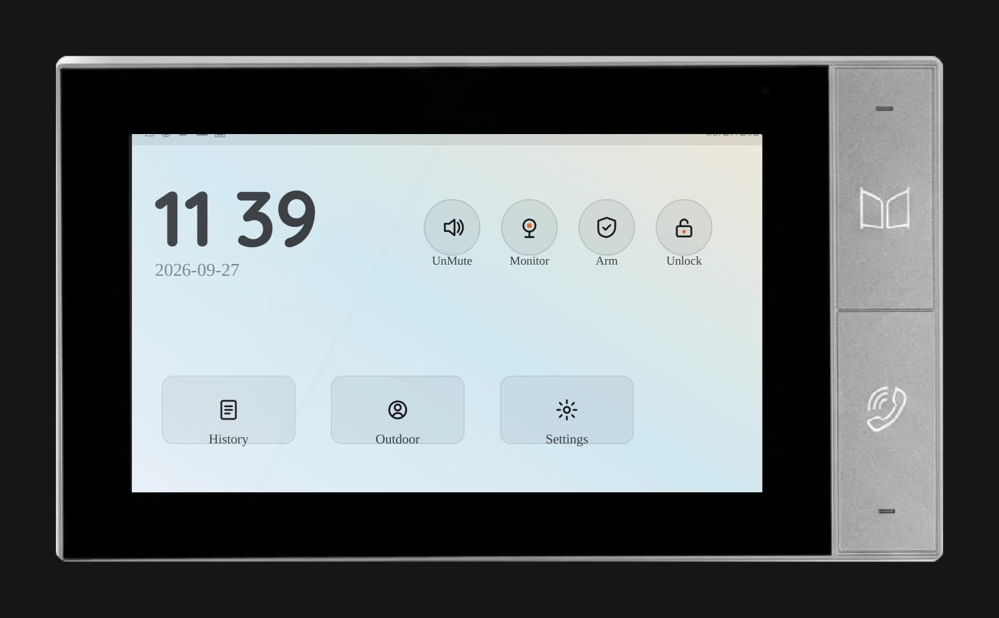 The S-303 indoor monitor on the wall, showing its home screen