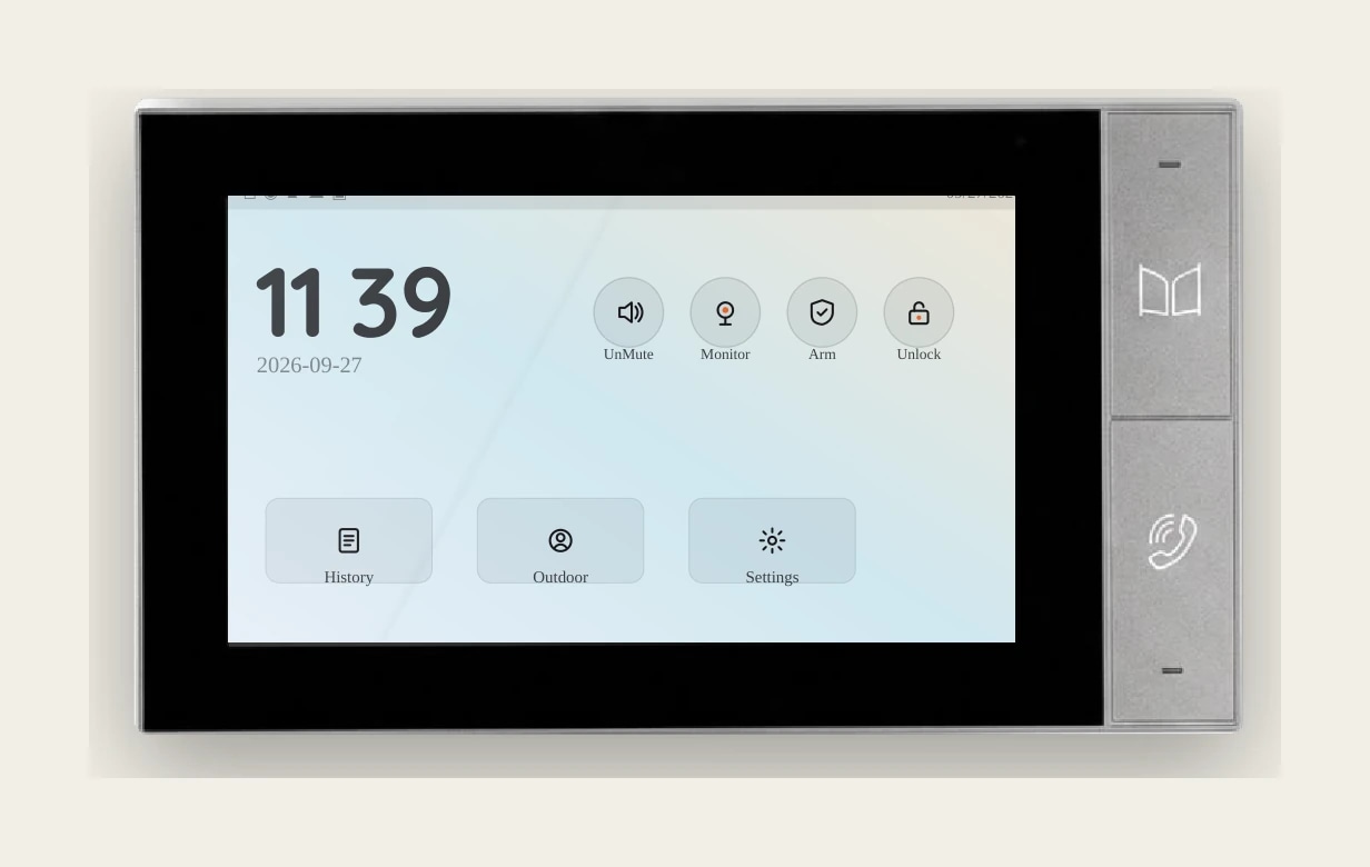 The S-303 7 inch indoor monitor home screen showing 11:39, with answer and unlock buttons on the side panel