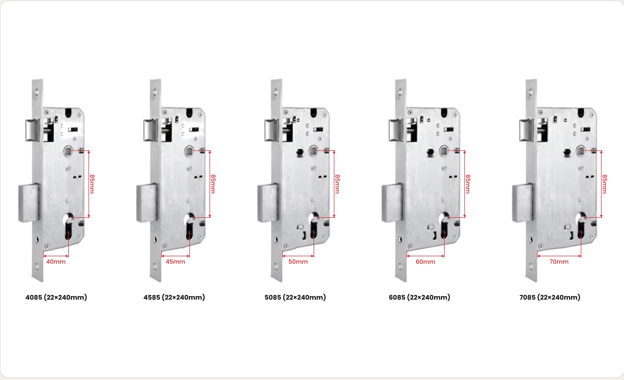 Spark WL-50: five mortise lock-body sizes and dimensions from the supplied brochure