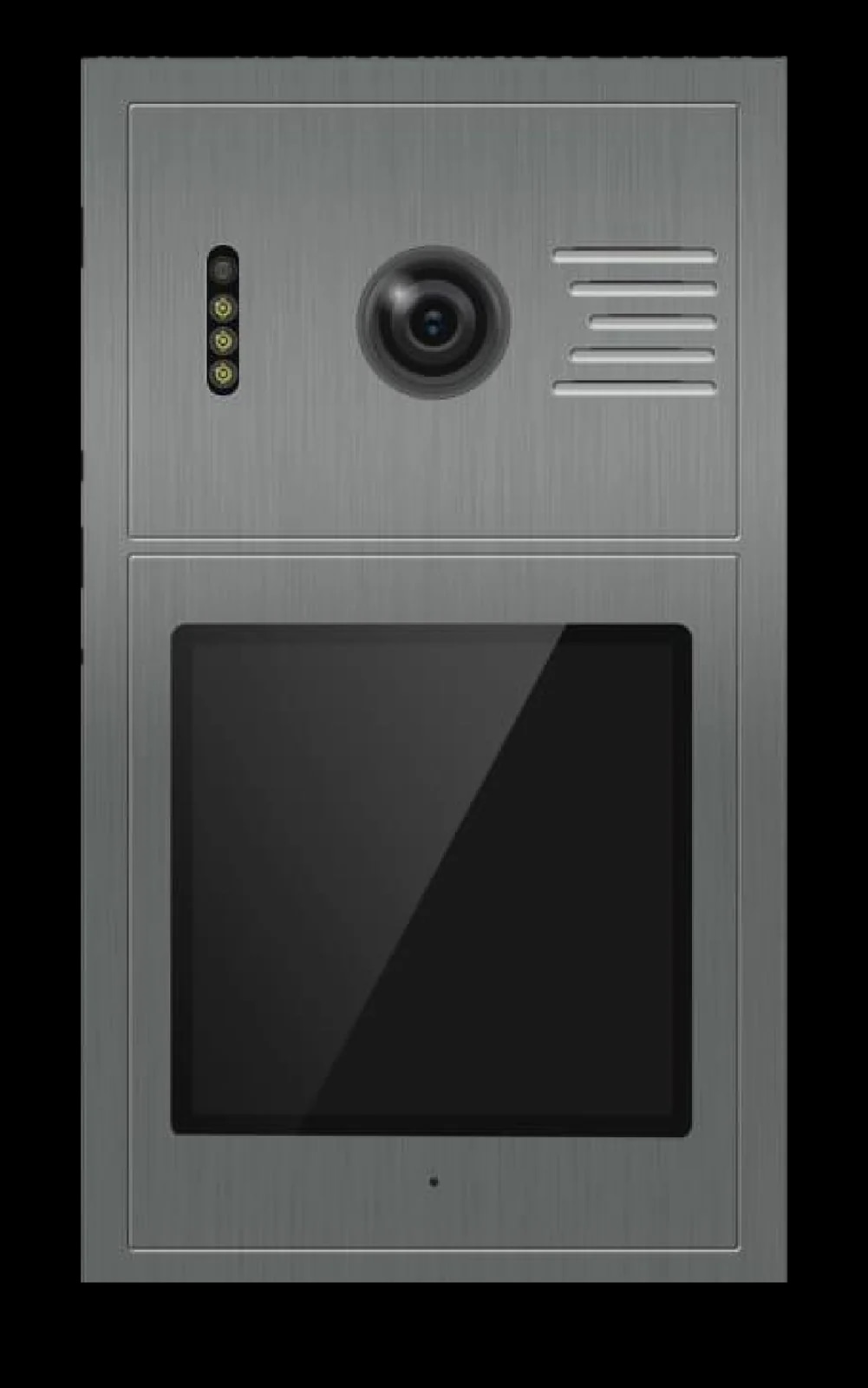 Spark I-300 door station in brushed steel, with a camera, speaker grille and 4.5 inch screen