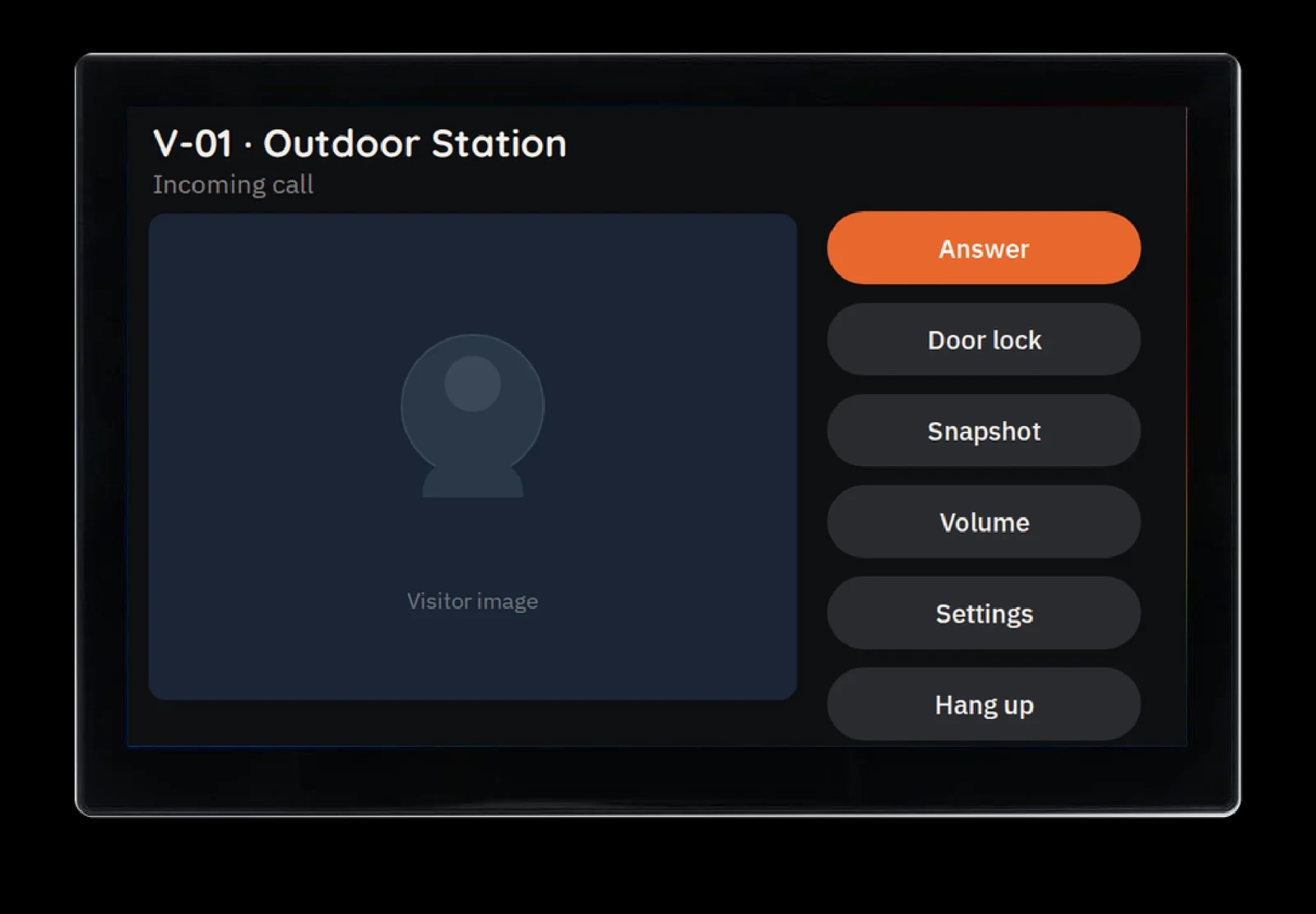 The S-210 screen during an incoming call from outdoor station V-01, with Answer, Door lock and Snapshot buttons
