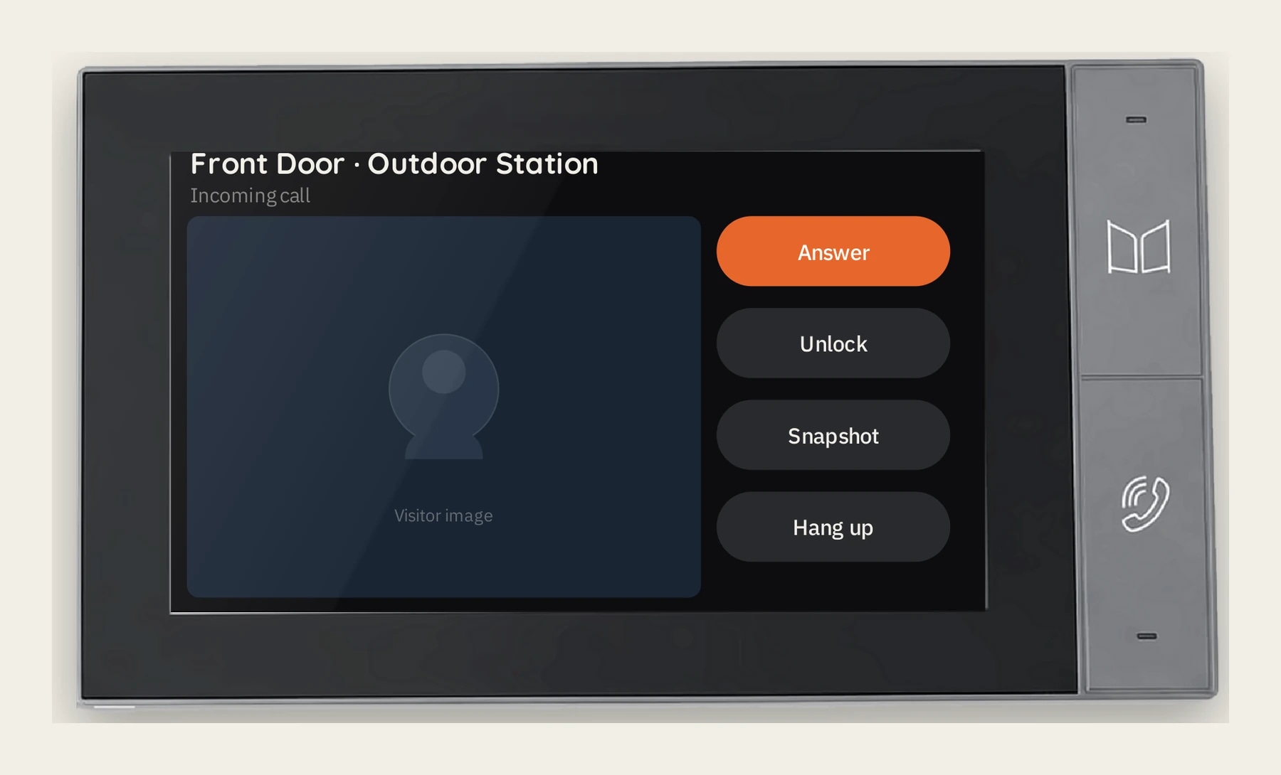 The S-301 indoor monitor during a call from the front door outdoor station, with Answer, Unlock, Snapshot and Hang up