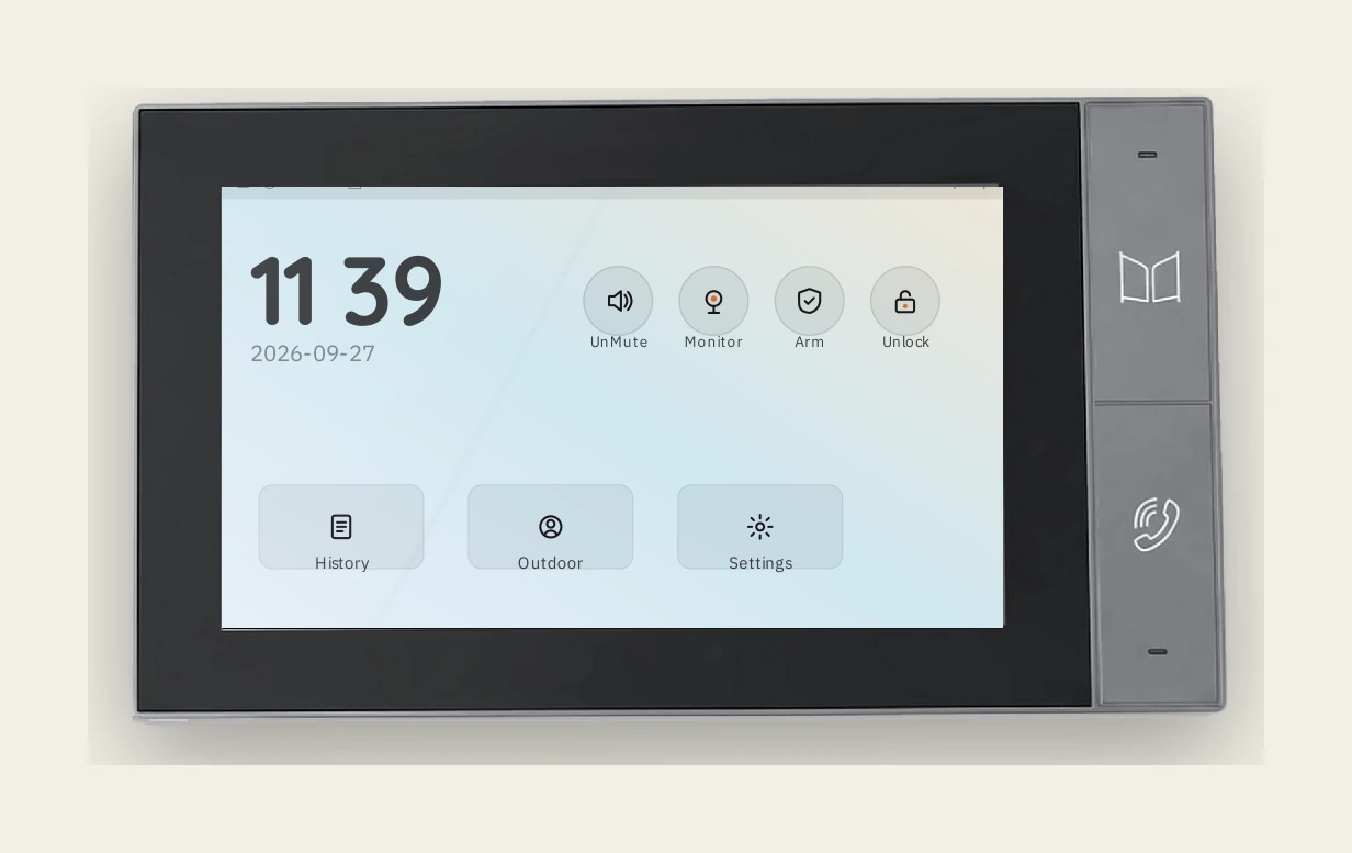 The S-301 7 inch indoor monitor home screen showing 11:39, with answer and unlock buttons on the side panel