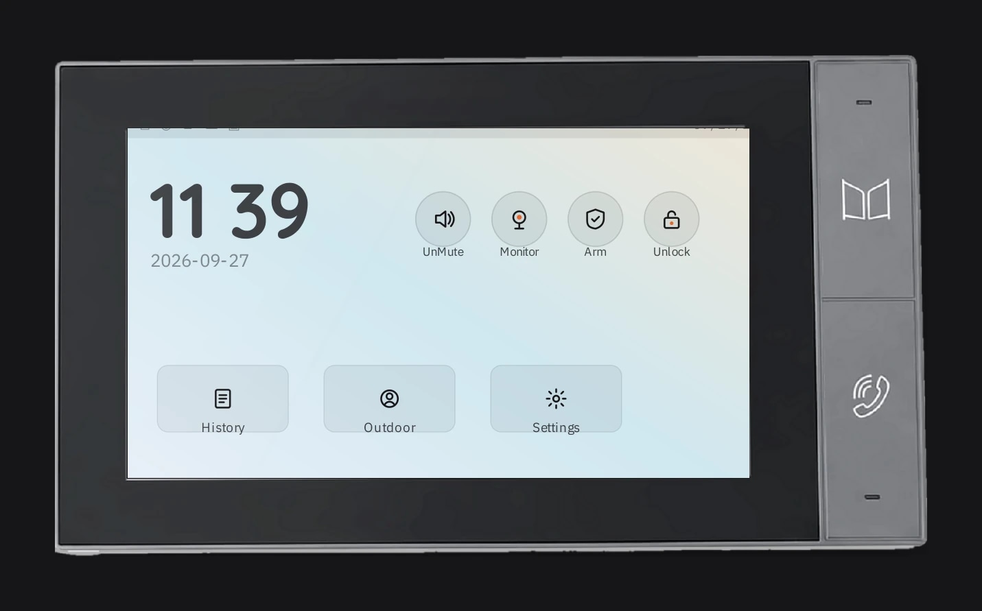 The S-302 indoor monitor on the wall, showing its home screen